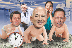 Tech billionaires Jeff Bezos, Sam Altman and Peter Thiel illustrated as babies with horrified doctors and nurses looking on.