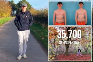 British YouTuber Jack Massey Welsh stands outside. A side-by-side shows the before and after effects of walking 250,000 steps in a week on the body.