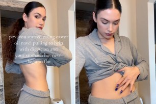 Nurse Miranda Wilson holds up her shirt to show up her flat stomach on TikTok