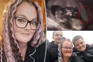 Hayley Scudder (left), a sonogram showing her second uterus (top right), and Hayley with her two sons (bottom right).