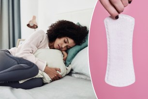Woman holding hot water bottle to her stomach (left) and a white menstrual pad on a pink background (right).