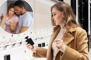 Young blonde woman in a beige coat smiling while choosing a bottle of perfume in the store; couple looking sadly at a pregnancy test (inset).
