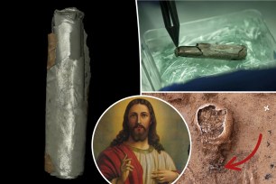 (Left) The amulet which housed the Frankfurt silver inscription. (Top right) The amulet. (Bottom right) Dead man's remains where amulet was found. (Inset) A depiction of Jesus Christ.