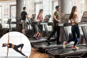 People running on treadmills in a gym, with woman doing yoga inset.
