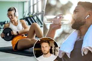 Woman working out her core (left) and man drinking water after exercising (right) with celebrity trainer Jason Walsh inset.