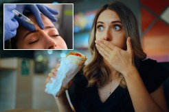 A woman enjoying a burrito while a doctor injects a tattoo