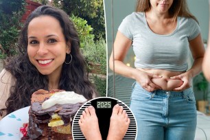 Vanessa Sturman with a plate of food (left), a woman holding her stomach fat (right)