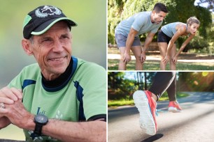 Jeff Galloway, developer of the run-walk method "jeffing," smiles alongside images of runners.