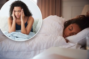 A woman lies in bed sleeping soundly. A woman cradles her head in frustration while battling insomnia.