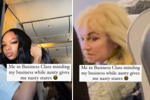 A female passenger has been ripped online after filming herself combing her hair in business class and then shaming a fellow flyer who gave her the stink-eye.