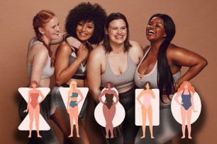 A group of women with different body types smile at the camera. Below, a graphic shows different body types illustrated as fruits.
