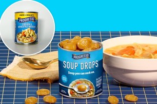 Main photo of Progresso's soup drops in a can next to bowl of chicken noodle soup; inset of regular can of soup