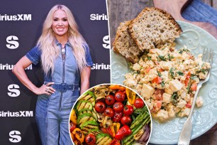 Carrie Underwood smiles on the red carpet. A tofu scramble with toast is displayed on a plate. A pan holds a pile of grilled summer vegetables.