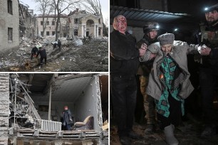 A people in a destroyed buildings with rubble following a Russian attack in Ukraine