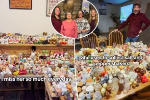 Catherine Cookson standing with a group of people in front of a table full of salt shakers