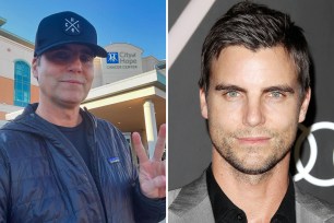 "All My Children" and Hallmark actor Colin Egglesfield has cancer, again. Here, Egglesfield in two photos. Holding a peace sign on the left and a closeup of his face looking at the camera on the right.