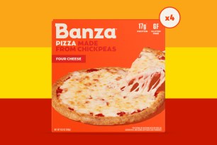 A box of pizza on a yellow and red background