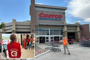 A cart wrangler gathers shopping carts outside a Costco warehouse in Sheridan, Colo., July 16, 2024.