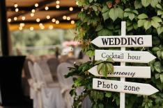 Sign for guests to help them to find the place of wedding, photo zone, cocktails, ceremony made from wood.