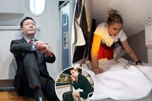 (Left) Male flight attendant resting. (Right) Kaytee, a Virgin Atlantic flight attendant. (Inset) A sleepy flight attendant.