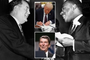 Collage of Hubert Humphrey, Martin Luther King Jr., Ronald Reagan, and Donald Trump.