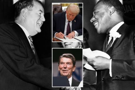 Collage of Hubert Humphrey, Martin Luther King Jr., Ronald Reagan, and Donald Trump.