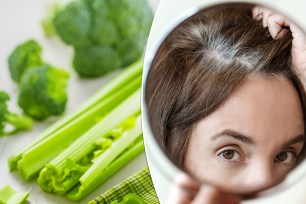 Woman examining her hair next to a table with a healthy green smoothie made of celery and broccoli