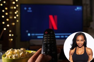 woman holding a remote control in front of a television and inset of Monique Bel