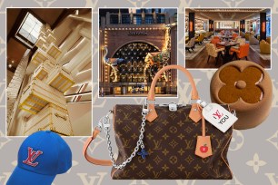 Five-story Louis Vuitton flagship store showcasing luxurious fashion items including towering trunks, bags, and a hat