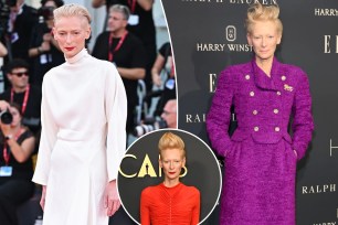 Collage of actress Tilda Swinton in bold styles from luxury brands, prominently featuring her in a purple dress