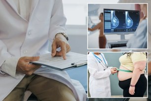 Doctor reading report (left), mammogram results on a screen (top right), and an overweight woman's waist being measured by a doctor (bottom right)