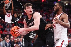 Zuby Ejiofor (above and inset, slamming home a dunk) defends Zach Freemantle during St. John's overtime win over Xavier on Jan. 22, 2025.