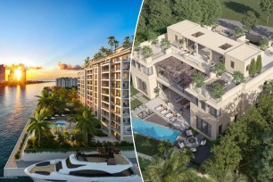 A collage of condominium buildings and a pool on Fisher Island
