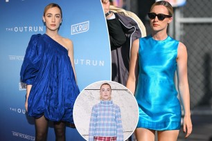 Saoirse Ronan in a collage wearing different outfits from Louis Vuitton, JW Anderson, Versace and more"