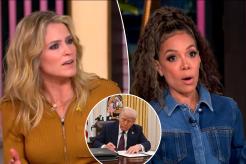 Sunny Hostin, Sara Haines, and Donald Trump in a collage, with a woman showing a surprised expression