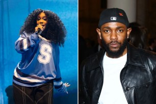 Kendrick Lamar and SZA speaking into a microphone