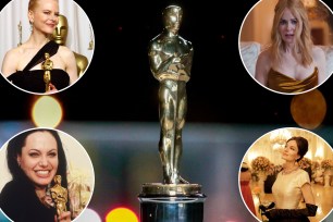 Collage of images featuring actresses Nicole Kidman and Angelina Jolie alongside a statue, related to their Oscar story.