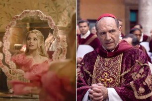 Ralph Fiennes and Ariana Grande, with a man in a red hat and robe at the Oscar nominees event