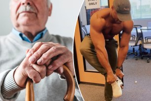 An elderly man (left) and a bodybuilder doing the "old man test" (right)
