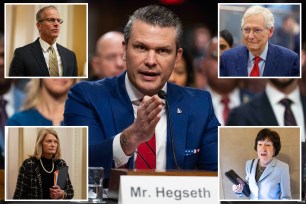 Pete Hegseth, President-elect Donald Trump's nominee for defense secretary, testifying at his Senate Armed Services confirmation hearing, with Mitch McConnell, John Thune, Susan Collins, Lisa Murkowski in attendance