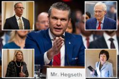 Pete Hegseth, President-elect Donald Trump's nominee for defense secretary, testifying at his Senate Armed Services confirmation hearing, with Mitch McConnell, John Thune, Susan Collins, Lisa Murkowski in attendance