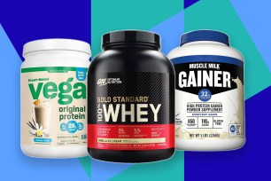 protein powders on blue background