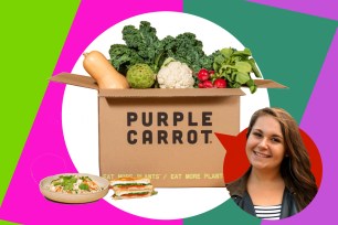 A woman smiling next to a box of vegetables