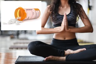 Woman in yoga pose; prescription pill bottle