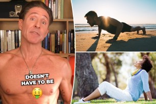 Dave Asprey on TikTok (left), man doing pushups (top right) and woman laying outside (bottom right).