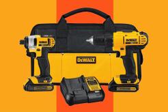 Yellow and black tool bag with a couple of drills