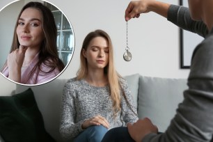 Hypnotherapist Maria Freeman (inset), who has revealed two ways to hypnotize yourself, with woman being hypnotized in office