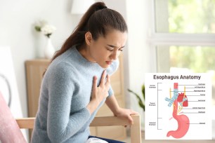 A woman grasps her chest while experiencing painful hiccups. A diagram of the diaphragm shows its function in breathing.