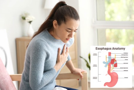 A woman grasps her chest while experiencing painful hiccups. A diagram of the diaphragm shows its function in breathing.