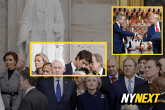 A collage of celebrities and businesspeople in suits including Samuel Alito, George W. Bush, Bill Clinton, Dana White, Hilary Cawthorne, Oleksandra Nikolayenko, Bernard Arnault, Delphine Arnault, John Paulson, Clyde Drexler, Donald Trump, and David Liebe Hart.